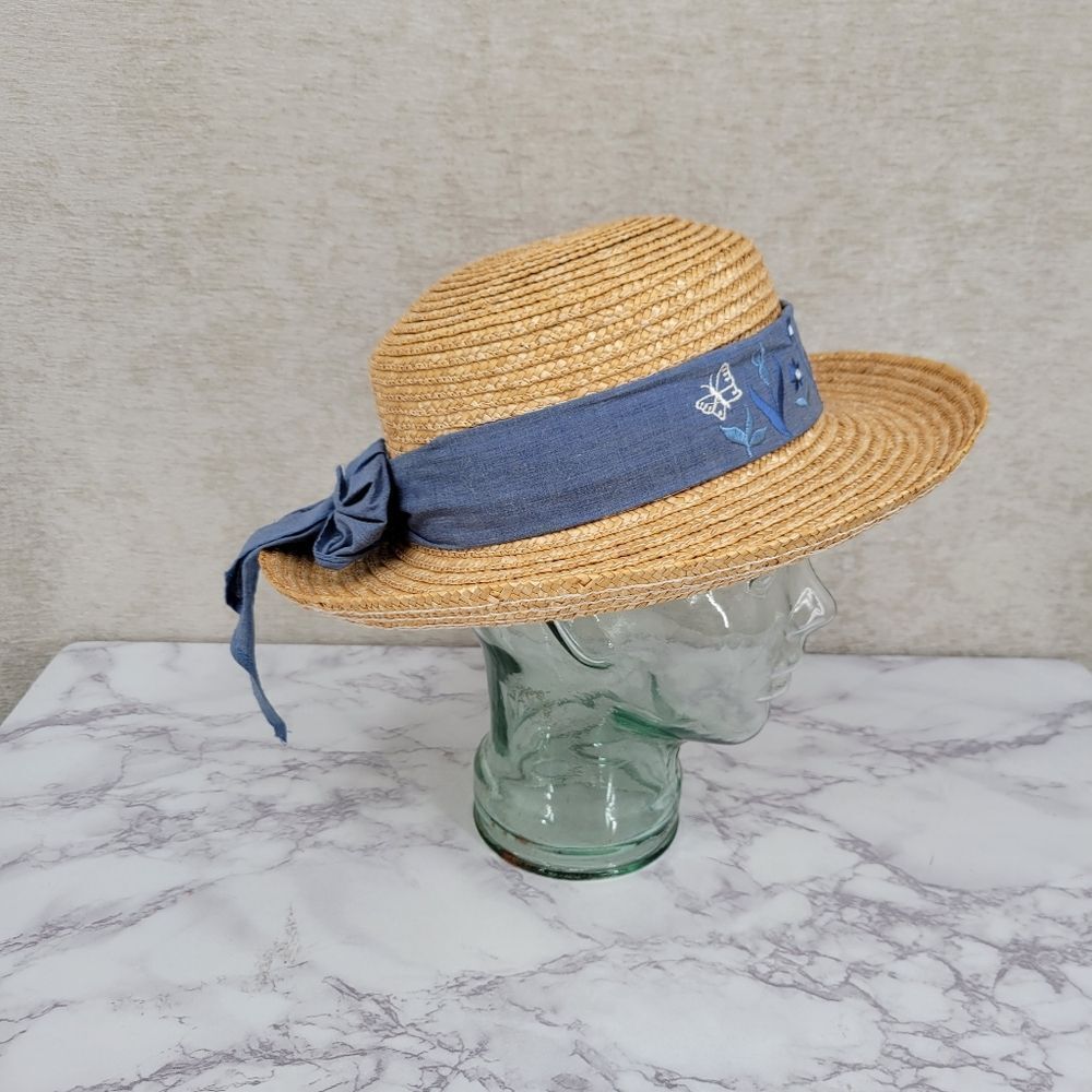Vintage Straw Sun Hat with Blue Ribbon Bow Embroidered Flowers Cottagecore - Picture 4 of 8